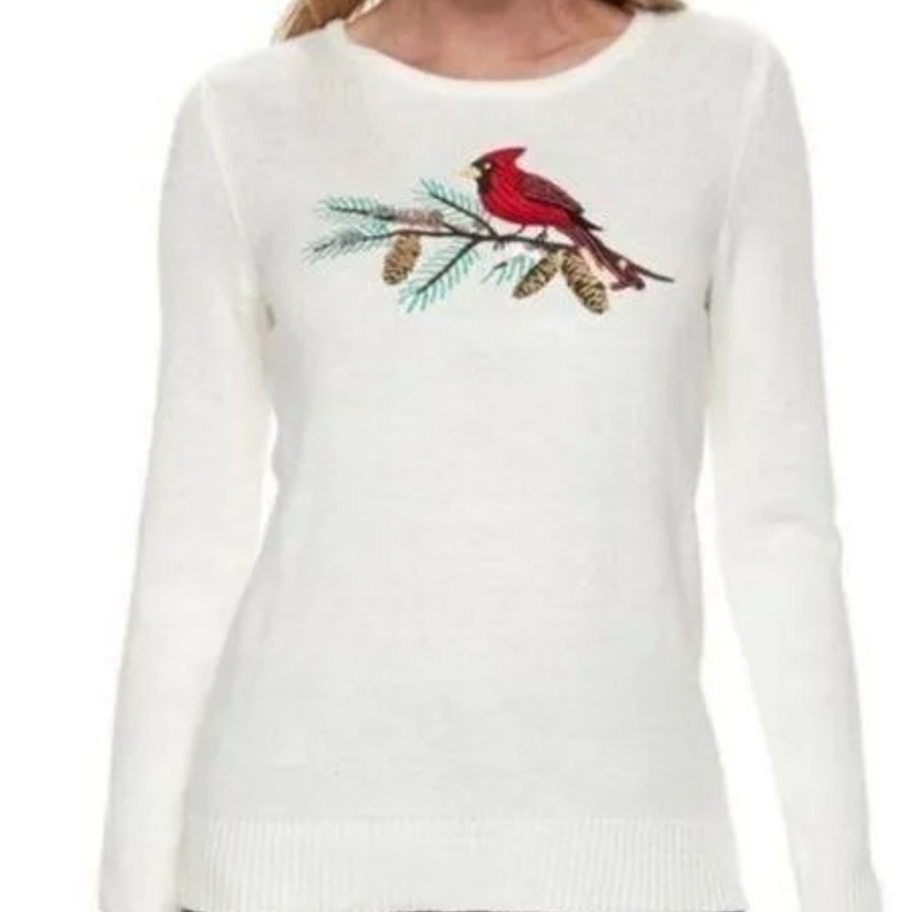 KnitsPulloversCroft & Barrow Ivory Embroidered Sequin Cardinal Sweater Size‎ L